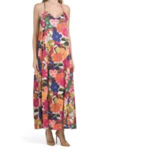 Nicole Miller Abstract Floral Print Slip on Satin Maxi Dress Size M